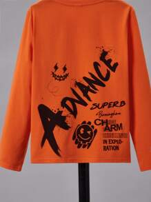 SHEIN Jungen Lässig Langarm Rundhals T-Shirt mit Briefen und Cartoon-Muster