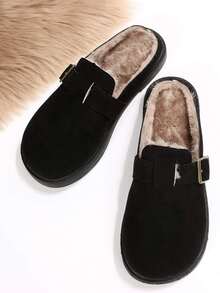 Buckle Decor Faux Suede Flat Mules - Black - View 2