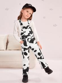 Toddler Girls Cow Print Denim Dungarees Without Top - Black and White - View 1