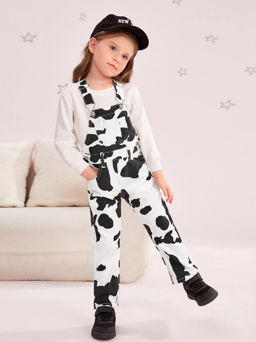 Toddler Girls Cow Print Denim Dungarees Without Top - Black and White - View 1