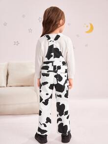 Toddler Girls Cow Print Denim Dungarees Without Top - Black and White - View 2