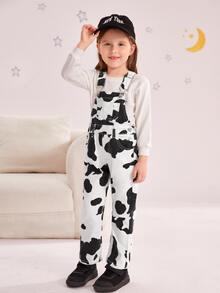 Toddler Girls Cow Print Denim Dungarees Without Top - Black and White - View 3
