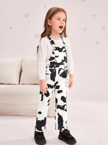 Toddler Girls Cow Print Denim Dungarees Without Top - Black and White - View 5