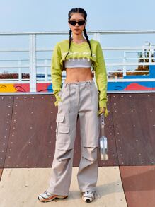 DAZY Flap Pocket Cargo Trousers - Grey - View 3