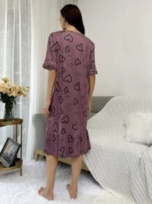 Vestido para dormir con estampado de corazón y slogan bajo con fruncido - Púrpura malva - Ver 2
