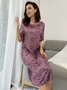 Vestido para dormir con estampado de corazón y slogan bajo con fruncido - Púrpura malva - Ver 3