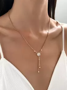 Rhinestone Round Charm Y Lariat Necklace - Yellow Gold - View 1