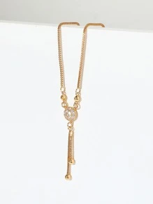 Rhinestone Round Charm Y Lariat Necklace - Yellow Gold - View 3