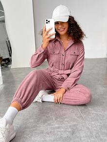 SHEIN EZwear 翻蓋口袋腰帶襯衫連體褲