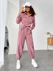SHEIN EZwear 翻蓋口袋腰帶襯衫連體褲