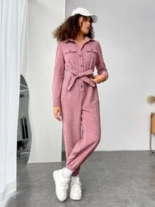 SHEIN EZwear 翻蓋口袋腰帶襯衫連體褲