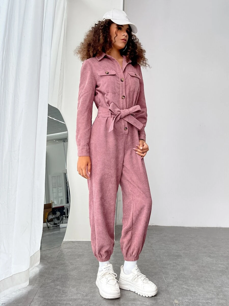 SHEIN EZwear 翻蓋口袋腰帶襯衫連體褲