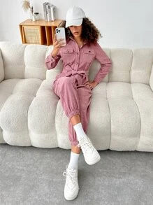 SHEIN EZwear 翻蓋口袋腰帶襯衫連體褲