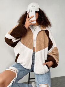 SHEIN EZwear Cazadora teddy de color combinado de manga raglán