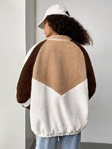 SHEIN EZwear Cazadora teddy de color combinado de manga raglán