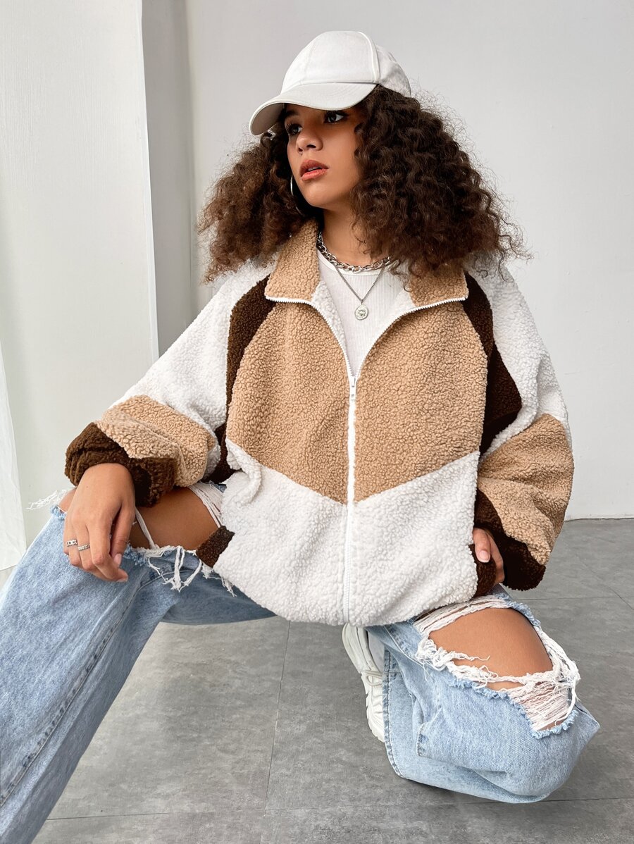 SHEIN EZwear Cazadora teddy de color combinado de manga raglán