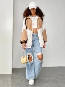 SHEIN EZwear Cazadora teddy de color combinado de manga raglán