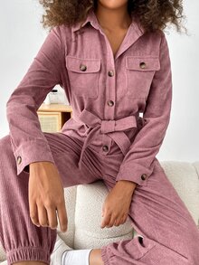 SHEIN EZwear 翻蓋口袋腰帶襯衫連體褲