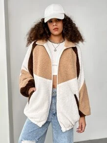 SHEIN EZwear Cazadora teddy de color combinado de manga raglán