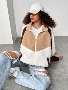 SHEIN EZwear Cazadora teddy de color combinado de manga raglán
