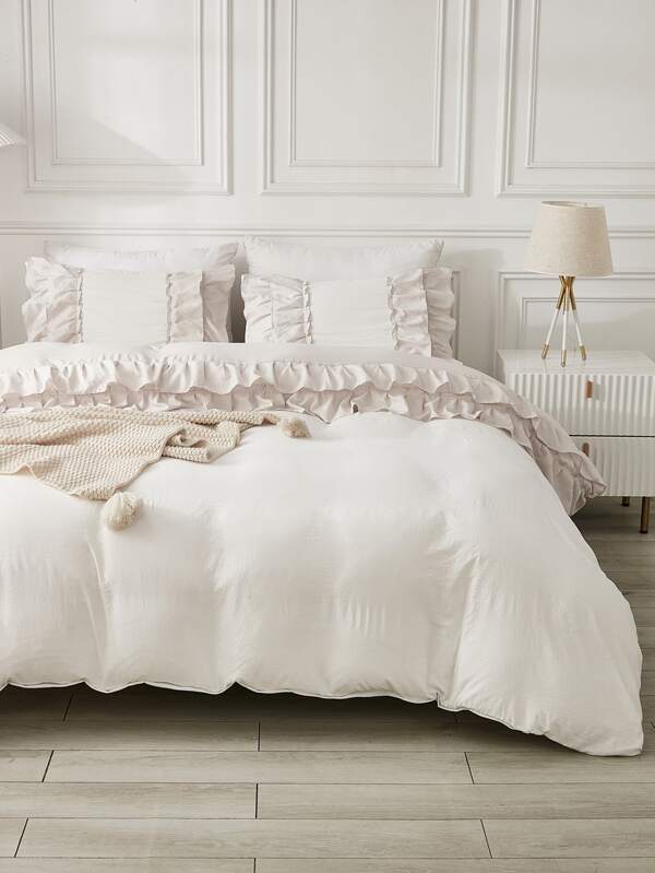 Solid Ruffle Trim Duvet Cover Set Without Filler SHEIN UK