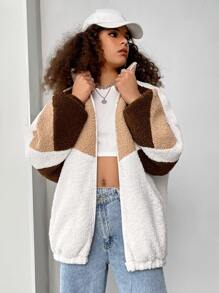 SHEIN EZwear Cazadora teddy de color combinado de manga raglán