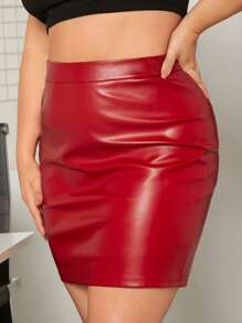 SHEIN Privé Plus High Waist PU Leather Bodycon Skirt - Red - View 3