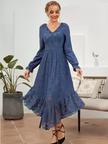 Flounce Sleeve Ruffle Hem Lace Dress - Navy Blue - View 1