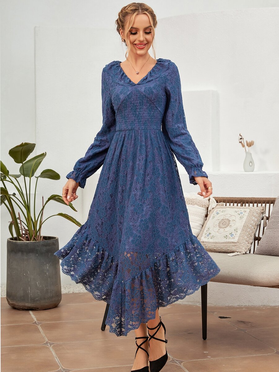 Flounce Sleeve Ruffle Hem Lace Dress - Navy Blue - View 1