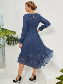 Flounce Sleeve Ruffle Hem Lace Dress - Navy Blue - View 2