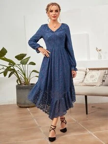 Flounce Sleeve Ruffle Hem Lace Dress - Navy Blue - View 4