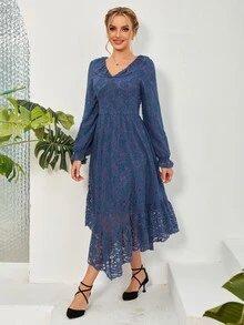 Flounce Sleeve Ruffle Hem Lace Dress - Navy Blue - View 6