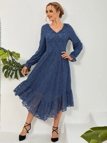 Flounce Sleeve Ruffle Hem Lace Dress - Navy Blue - View 7