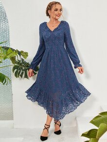 Flounce Sleeve Ruffle Hem Lace Dress - Navy Blue - View 8