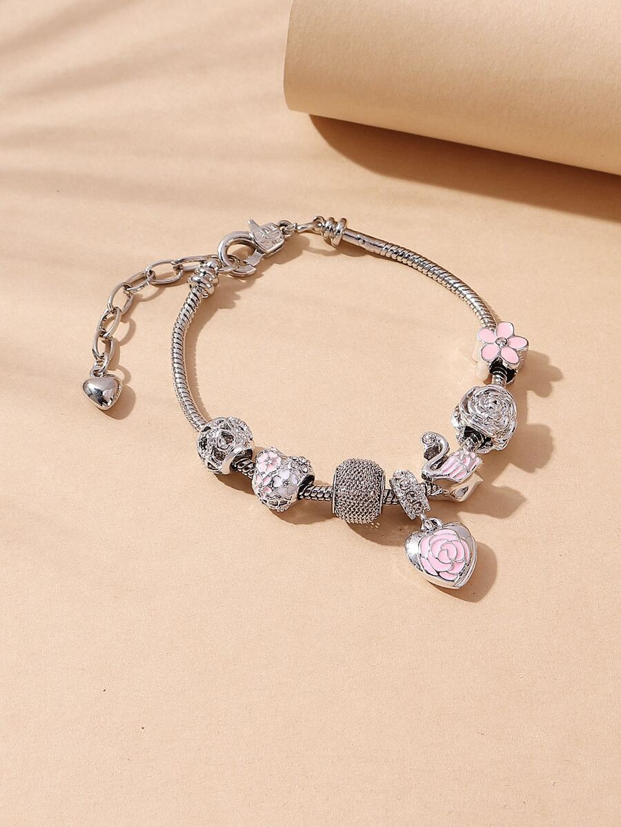 Vòng tay trái tim trang trí hoa & rhinestone - Bạc - Xem 1
