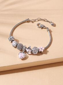 Vòng tay trái tim trang trí hoa & rhinestone - Bạc - Xem 3