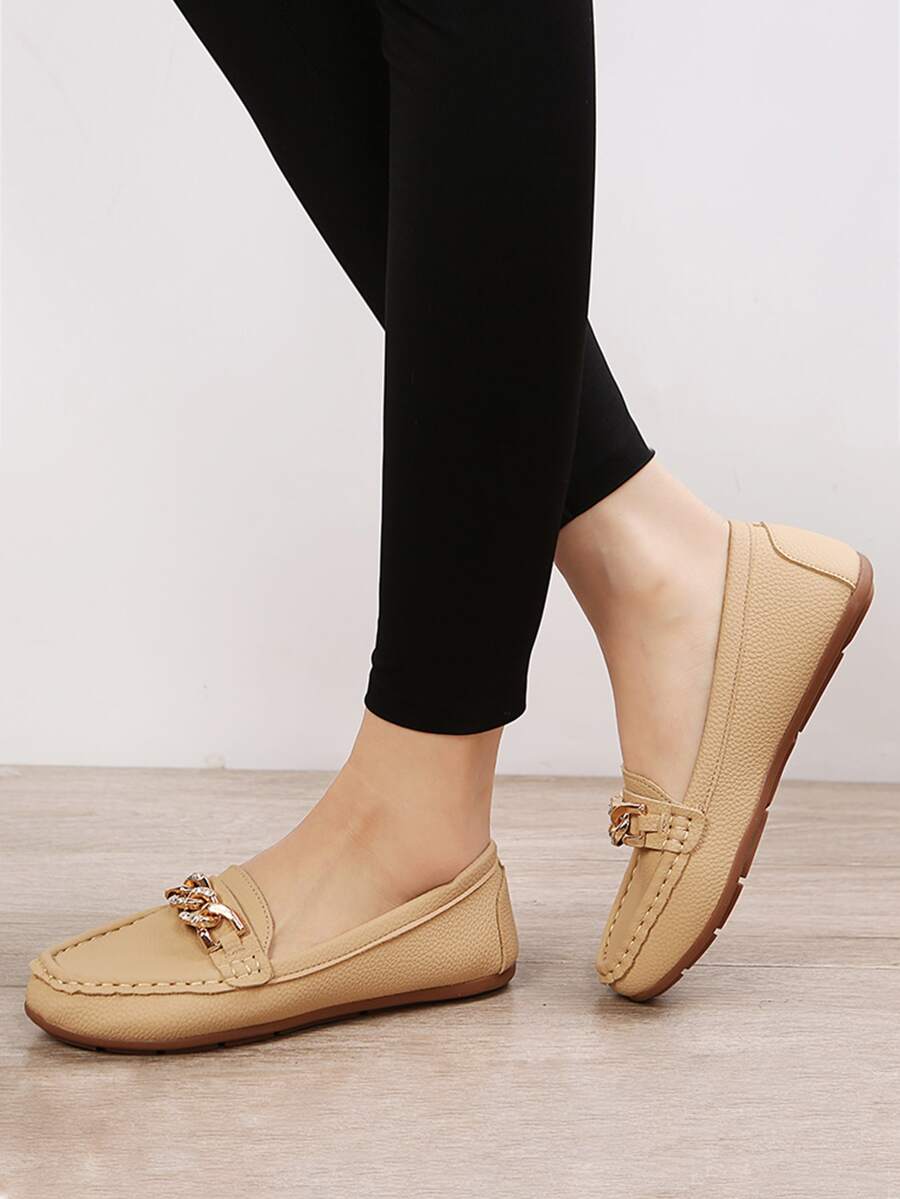 Rhinestone & Chain Decor Flat Loafers - Apricot - View 1