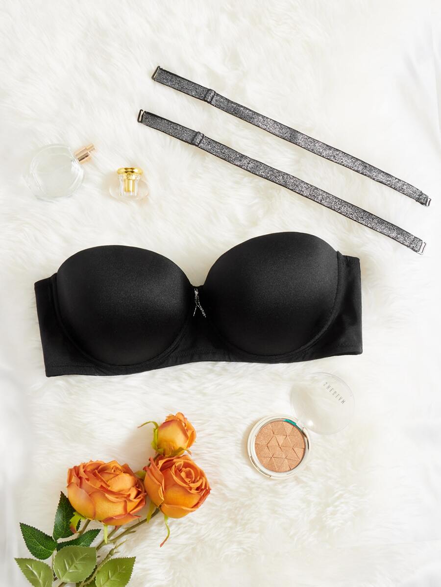 Plus Plain Underwire Bra & 2pairs Shoulder Straps - Black - View 1