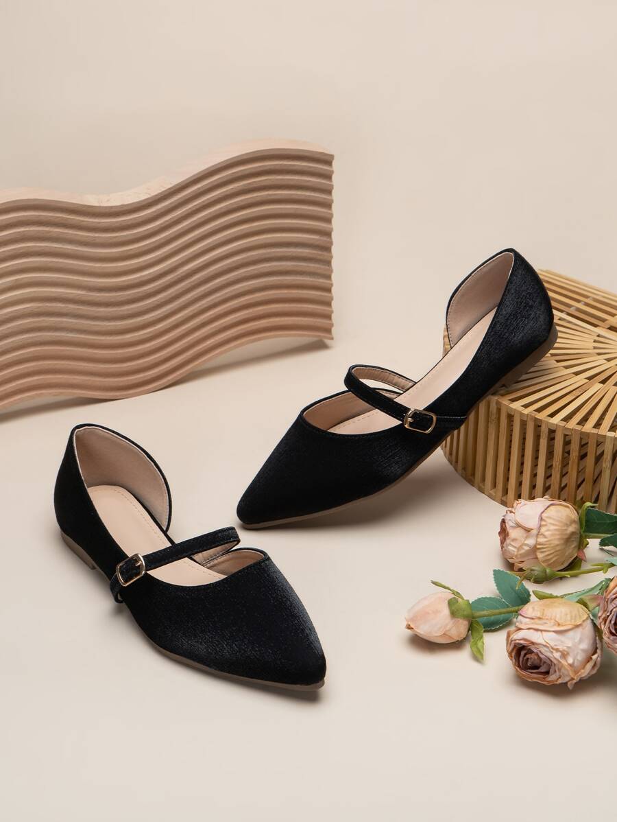 Point Toe Satin Mary Jane Flats - Black - View 1