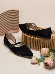 Point Toe Satin Mary Jane Flats - Black - View 2