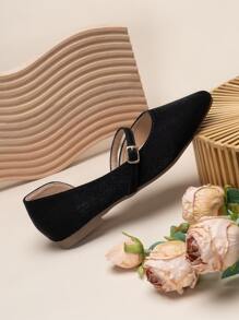 Point Toe Satin Mary Jane Flats - Black - View 4