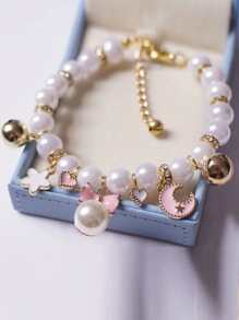 1入組鈴鐺和月亮吊墜人造珍珠裝飾寵物項鍊 - 彩色 - 查看 3
