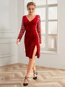 亮片蕾絲拼接高衩絲絨連衣裙 - 酒紅色 - 查看 1