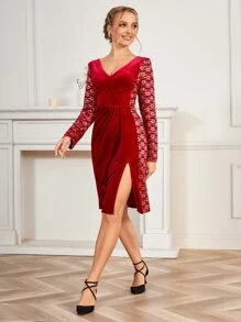 亮片蕾絲拼接高衩絲絨連衣裙 - 酒紅色 - 查看 7