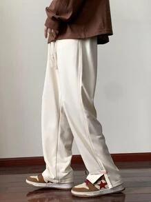 Claim Dot 男士字母貼布下擺開叉衛褲 - 米色 - 查看 5