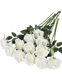 6/10/12pcs Artificial Silk Rose Bouquet With Long Stems, Suitable For Home Wedding Decoration, Valentine Party - White - View 1