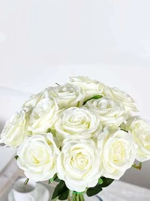 6/10/12pcs Artificial Silk Rose Bouquet With Long Stems, Suitable For Home Wedding Decoration, Valentine Party - White - View 3