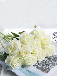6/10/12pcs Artificial Silk Rose Bouquet With Long Stems, Suitable For Home Wedding Decoration, Valentine Party - White - View 7