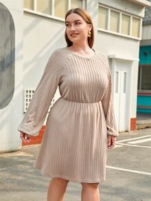 SHEIN Unity Plus Lantern Sleeve A-line Dress - Apricot - View 4