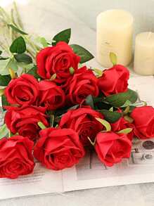 6/10/12pcs Artificial Silk Rose Bouquet With Long Stem, Realistic Looking, Ideal For Home Wedding Decoration, Valentine's Day Party, Valentine Day, Gift Gifts Birthday Graduation - Red - View 3
